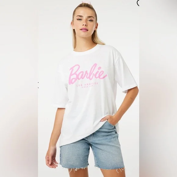 Ardene Oversized Barbie White Tee with Pink Script Logo XS - Picture 1 of 9